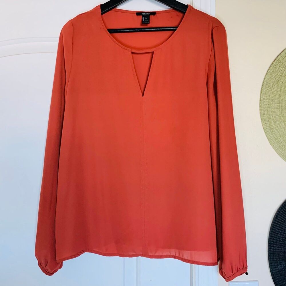 Forever 21 Rust Red Long Sleeve Silk Blouse with Front Keyhole Detail | Size: L